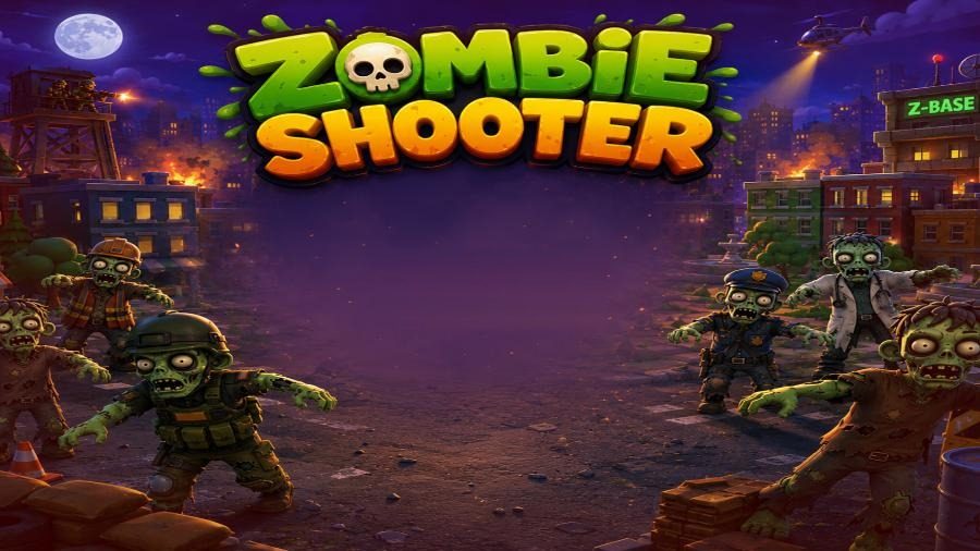 Zombie Shooter title screen: the logo above a ruined city at night, with six zombies in uniform, lab coat and hard hat in front of it.